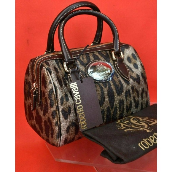 NIB ROBERTO CAVALLI BOWLING MULTI COLOR LEOPARD PRINT COATED CANVAS ZIPPER BAG - Picture 3 of 12